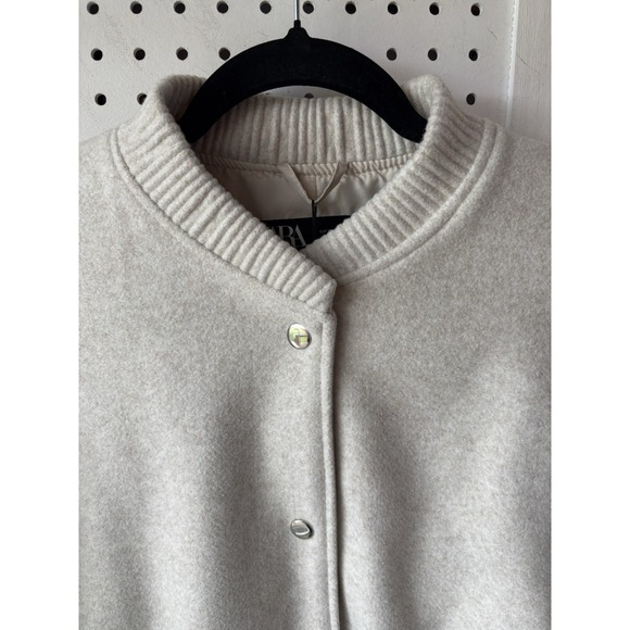 Zara Women's XL Cropped Bomber Jacket Cream Ivory NWT Chic Outerwear Varsity - Picture 2 of 7